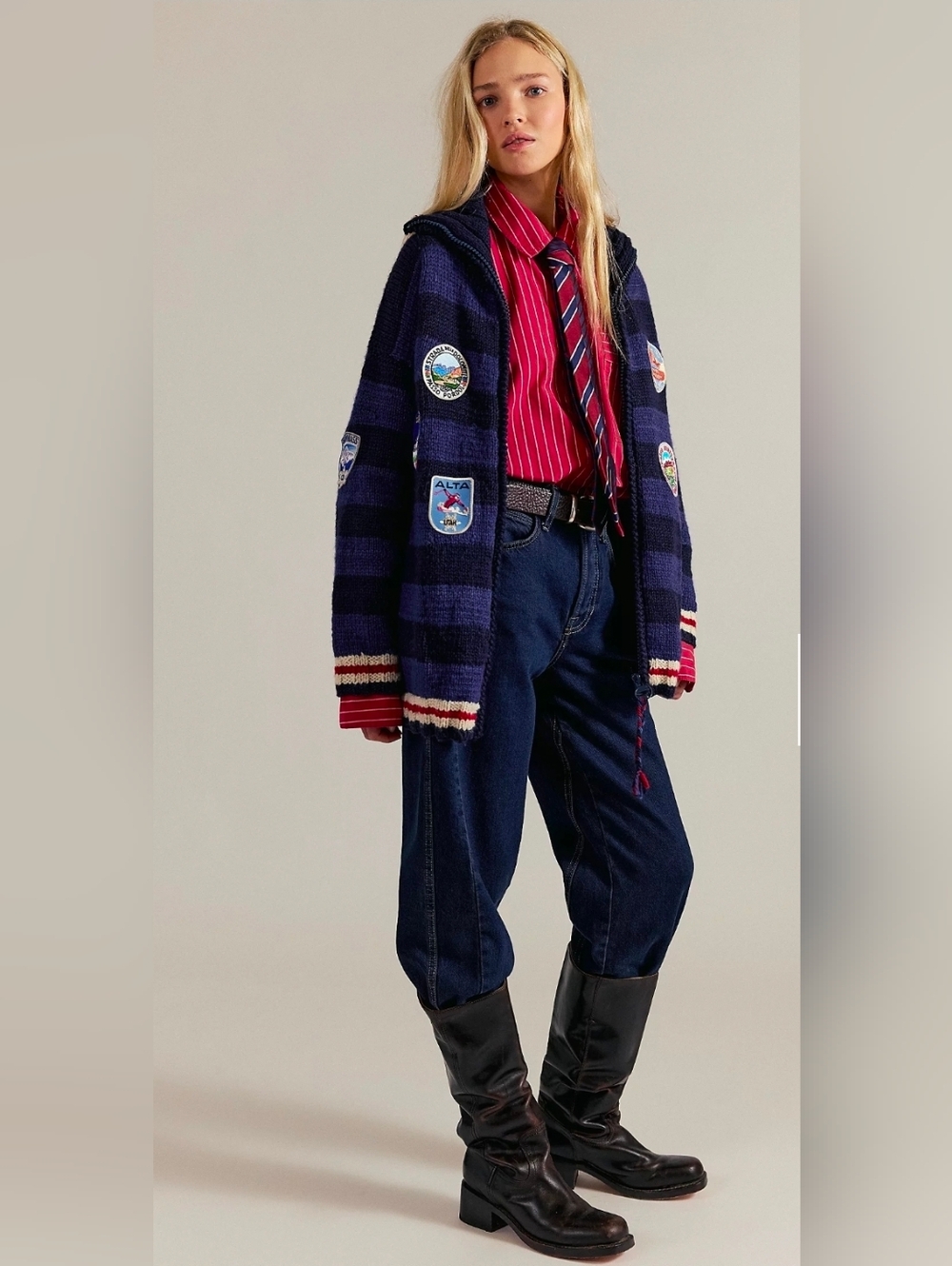 Free People X Frantic Dolomites Ski Cardi - Striped Navy Patchwork